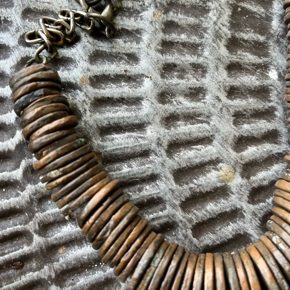 SOLD Pam Hiran BronzeCopper Disc Necklace on Steel Chain 16-20” Vintage - Picture 2 of 7